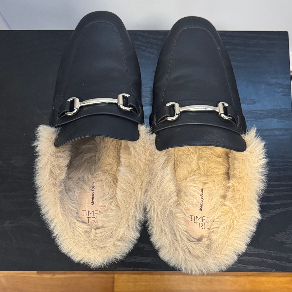 Time and Tru Black Faux Leather Backless Mules with Tan Faux Fur Lining